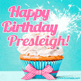 A festive cupcake with pink icing, a gingham bow, and a lit animated sparkler, paired with 'Happy Birthday Presleigh!' in bright pink text.