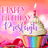 A vibrant birthday GIF featuring a rainbow-colored cupcake topped with white frosting, sprinkles, and a lit candle. The text reads 'Happy Birthday Presleigh' in bold pink and violet letters with white outline.