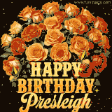 Animated bouquet of orange roses with moving butterfles and golden 'Happy Birthday Presleigh' text, surrounded by sparkling accents and a dark backdrop for a luxurious feel.