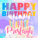 A vibrant animated name GIF with the words 'Happy Birthday Presleigh' with colorful candles on a creamy cake. The background sparkles with pastel shades, adding a festive touch.