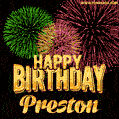Wishing You A Happy Birthday, Preston! Best fireworks GIF animated greeting card.