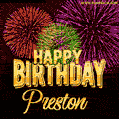 Wishing You A Happy Birthday, Preston! Best fireworks GIF animated greeting card.
