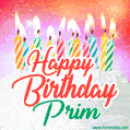 Happy Birthday GIF for Prim with Birthday Cake and Lit Candles