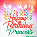 Happy Birthday GIF for Princess with Birthday Cake and Lit Candles