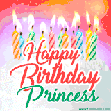 Bright birthday candles with rainbow flames on a cake, alongside the text 'Happy Birthday Princess' in vibrant script in this celebratory animated GIF.
