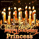 A glowing personalized birthday GIF with name Princess featuring lit candles with intricate designs, warm lighting, and the text 'Happy Birthday' in an elegant font.
