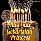 A chocolate birthday cake with glowing candles, the German text 'Alles Gute zum Geburtstag Princess,' and vibrant fireworks lighting up the background in an animated GIF.