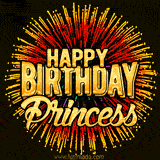 Golden 'Happy Birthday Princess' text accompanied by animated rainbow fireworks for a festive animated greeting.