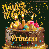 A delightful chocolate birthday cake with bright candles and 'Happy Birthday Princess' written in gold amidst a shower of animated stars.