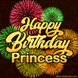 Golden text reading 'Happy Birthday Princess' surrounded by vibrant fireworks in red, green, and yellow, set against a dark background in this celebratory birthday GIF.