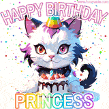 Adorable party-themed animated cat next to a lit birthday cake with text that says 'Happy Birthday Princess,' surrounded by colorful decorations and sparkles.
