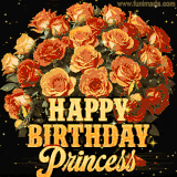 Animated bouquet of orange roses with moving butterfles and golden 'Happy Birthday Princess' text, surrounded by sparkling accents and a dark backdrop for a luxurious feel.