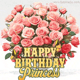 Golden 'Happy Birthday Princess' text beneath a vibrant bouquet of orange roses, complete with glittering butterflies and sparkling details.