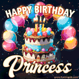 Bright birthday animation for Princess with a chocolate cake, candles, balloons, and glowing celebratory lights.