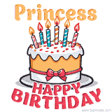 Cartoon birthday cake with a red bow, glowing candles, and 'Princess Happy Birthday' text in bold animated style.