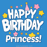 Colorful animated birthday card with the text 'HAPPY BIRTHDAY Princess!' in a white playful font surrounded by stars, hearts, and a party hat on a blue background.