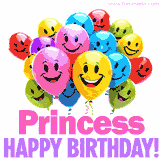 Animated colorful and joyful birthday balloons with cheerful smiles and a bright 'Happy Birthday Princess!' message in pink and purple.