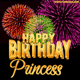 A golden 'Happy Birthday Princess' message with vibrant fireworks in the background, creating a festive and celebratory vibe in this animated name GIF.