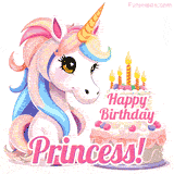 An adorable animated unicorn with soft pastel colors sits beside a birthday cake with glowing candles, and a pink 'Happy Birthday Princess!' words.