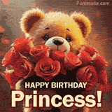 Cinematic style cute animated teddy bear with charming features holding a large bouquet of red roses, the words say 'Happy Birthday Princess' in sans serif font.