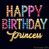 Vibrant luxury birthday greeting card for Princess, showing glittering gemstone letters and golden calligraphy on a dark background with twinkling shine effects.