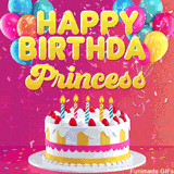 Pink-themed animated greeting with balloons, confetti, and a frosted cake under the message 'Happy Birthday Princess' in bold rounded yellow font.