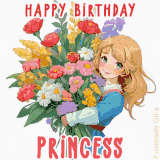 Bright floral birthday animation for Princess showing a cute cartoon girl with golden hair and expressive eyes holding a huge bouquet, surrounded by birthday text.