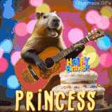 Animated birthday GIF showing a capybara playing guitar and singing beside a birthday cake with the name Princess in large letters and colorful bokeh lights in the background.
