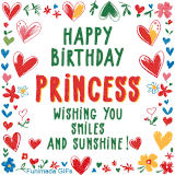 A colorful animated card for Princess’s birthday featuring playful hearts, cheerful flowers, and a handwritten message wishing smiles and sunshine.