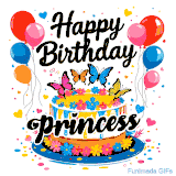 An animated birthday card for Princess. It features a festive cake with her name, 'Princess', and colorful butterflies. Floating balloons and hearts complete the joyful scene.