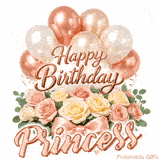 A bouquet of pastel roses and green leaves with Happy Birthday Princess animation
