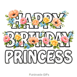 Animated floral Happy Birthday Princess digital greeting card on a white background