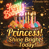 Bold golden lettering spelling Princess! on a gourmet chocolate cake decorated with small colorful candies at the base.