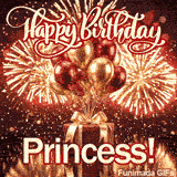 Bold red and white lettering spelling Princess under a luxury red present decorated with shiny balloons.