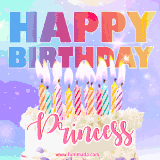 A vibrant animated name GIF with the words 'Happy Birthday Princess' with colorful candles on a creamy cake. The background sparkles with pastel shades, adding a festive touch.