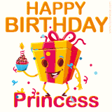 A vibrant and funny gift box character with a happy face dancing with a cupcake and the text 'Happy Birthday Princess,' surrounded by animated confetti and party vibes.