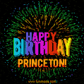 A colorful animated GIF featuring the text 'Happy Birthday Princeton!' in rainbow colors with a dynamic iridescent firework display in the background.