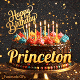 Flickering candles on top of a decorated chocolate cake with multicolored frosting swirls for Princeton's birthday celebration.