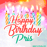 Bright birthday candles with rainbow flames on a cake, alongside the text 'Happy Birthday Pris' in vibrant script in this celebratory animated GIF.