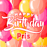 A vibrant name GIF featuring colorful balloons in shades of pink, orange, and yellow with the bold text 'Happy Birthday Pris' in festive fonts, creating a lively birthday vibe.