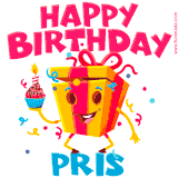 A vibrant and funny gift box character with a happy face dancing with a cupcake and the text 'Happy Birthday Pris,' surrounded by animated confetti and party vibes.