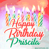 Bright birthday candles with rainbow flames on a cake, alongside the text 'Happy Birthday Priscila' in vibrant script in this celebratory animated GIF.