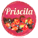Beautifully decorated red velvet berry birthday cake with vibrant fruits and a glowing 'Priscila' name, adding a touch of sweetness and sparkle.