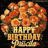 Animated bouquet of orange roses with moving butterfles and golden 'Happy Birthday Priscila' text, surrounded by sparkling accents and a dark backdrop for a luxurious feel.