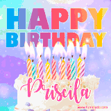 A vibrant animated name GIF with the words 'Happy Birthday Priscila' with colorful candles on a creamy cake. The background sparkles with pastel shades, adding a festive touch.