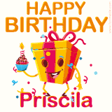 A vibrant and funny gift box character with a happy face dancing with a cupcake and the text 'Happy Birthday Priscila,' surrounded by animated confetti and party vibes.