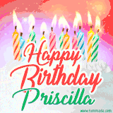 Bright birthday candles with rainbow flames on a cake, alongside the text 'Happy Birthday Priscilla' in vibrant script in this celebratory animated GIF.