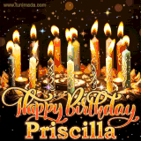 A glowing personalized birthday GIF with name Priscilla featuring lit candles with intricate designs, warm lighting, and the text 'Happy Birthday' in an elegant font.