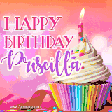 A vibrant birthday GIF featuring a rainbow-colored cupcake topped with white frosting, sprinkles, and a lit candle. The text reads 'Happy Birthday Priscilla' in bold pink and violet letters with white outline.