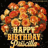 Animated bouquet of orange roses with moving butterfles and golden 'Happy Birthday Priscilla' text, surrounded by sparkling accents and a dark backdrop for a luxurious feel.